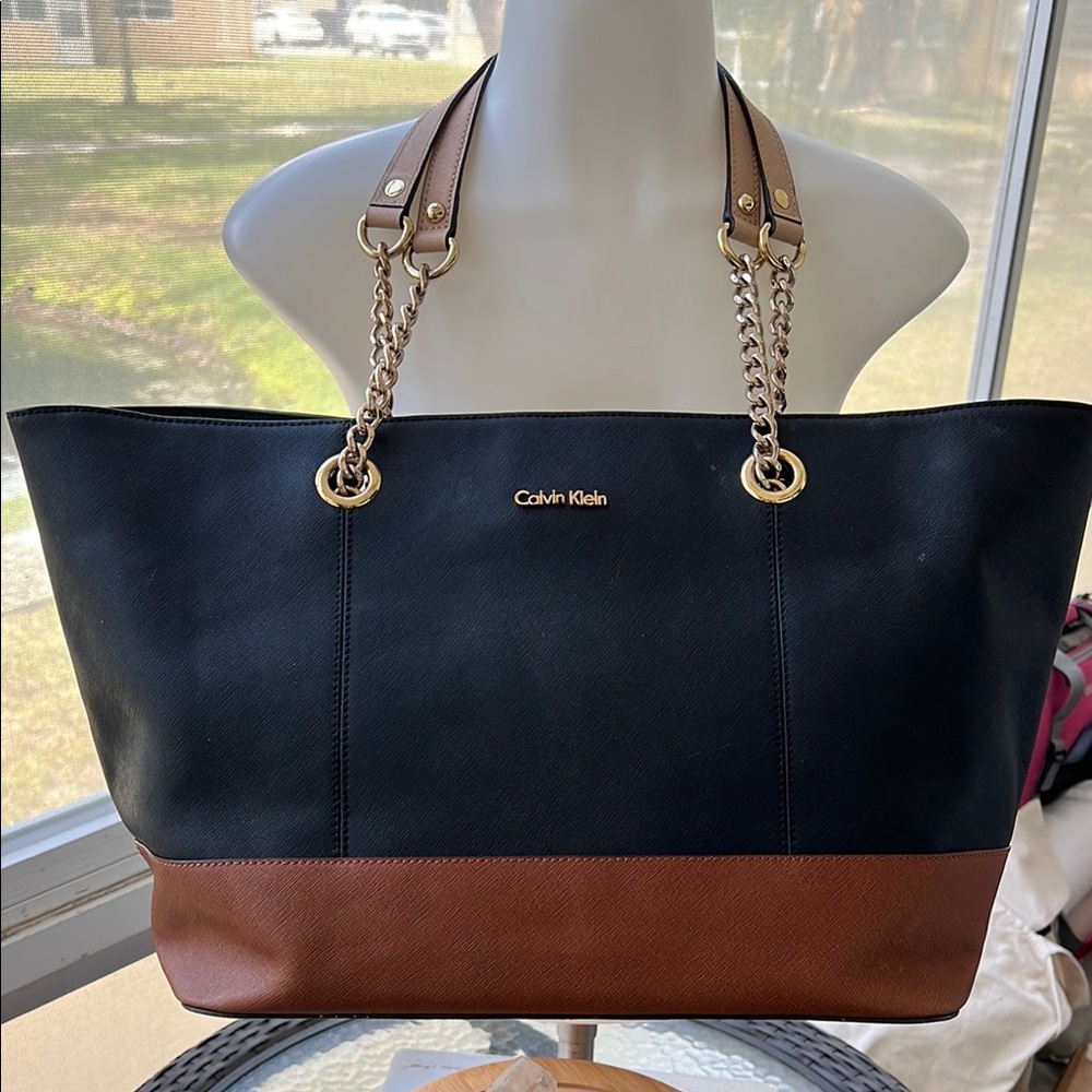 Calvin Klein Black and Brown Tote Bag with Chain Straps